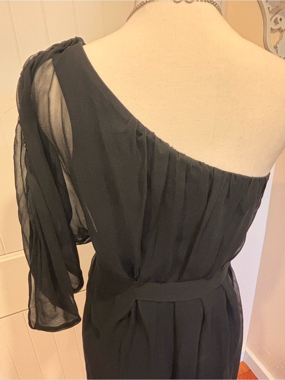 Abi Ferrin Black One Shoulder Silk Chiffon Dress Sz S Cocktail Party Mini Dress - Picture 3 of 8
